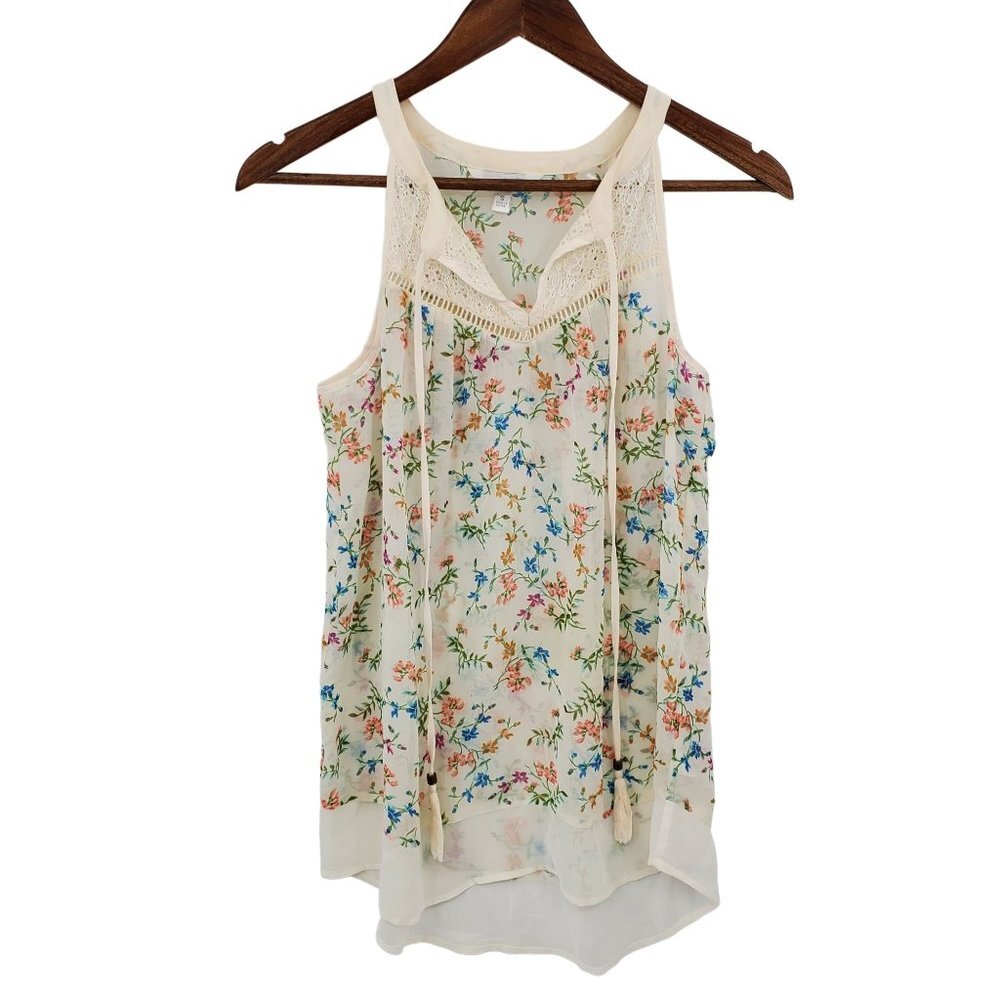 Charming Charlie Womens Floral Sleeveless Tank Top Blouse Sz S White‎ V-Neck